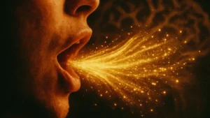 Primo piano su una bocca che parla con raggi luminosi che partono dalle labbra