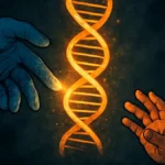 Primo piano su una molecola di DNA luminosa in un laboratorio di ricerca