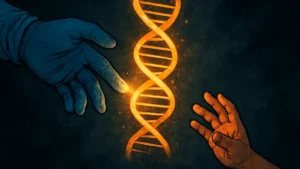 Primo piano su una molecola di DNA luminosa in un laboratorio di ricerca