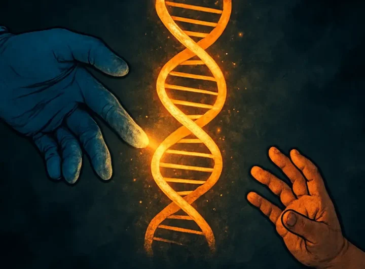 Primo piano su una molecola di DNA luminosa in un laboratorio di ricerca