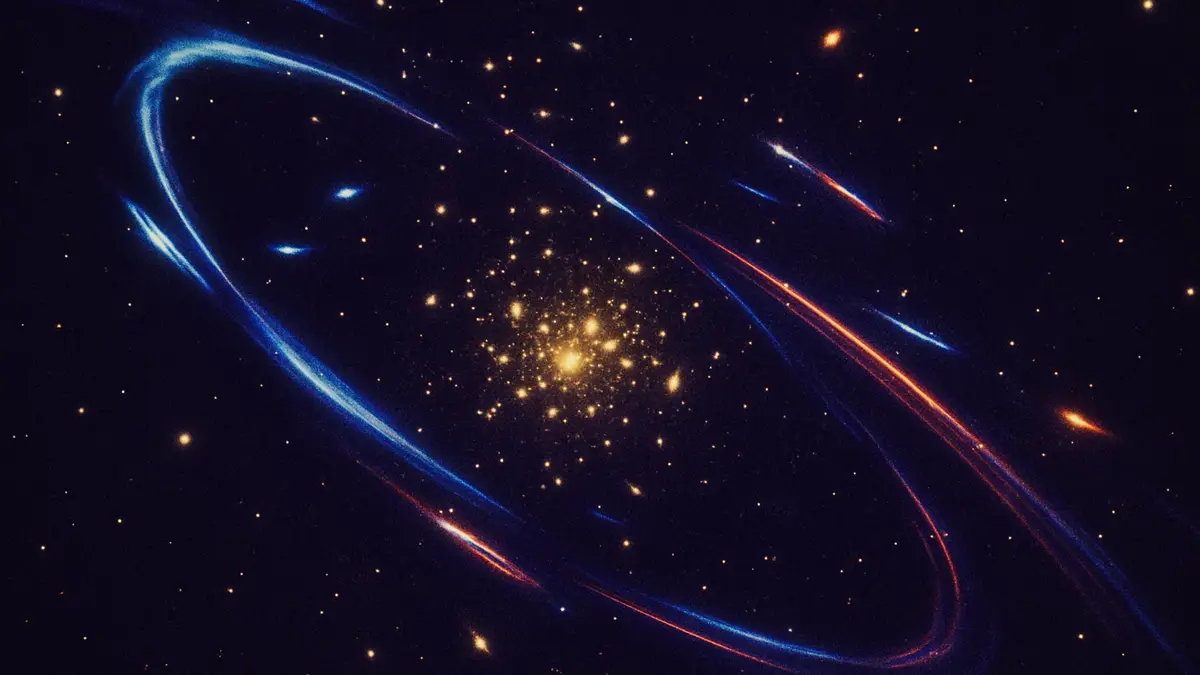 Rappresentazione spettacolare della lente gravitazionale forte in un ammasso di galassie