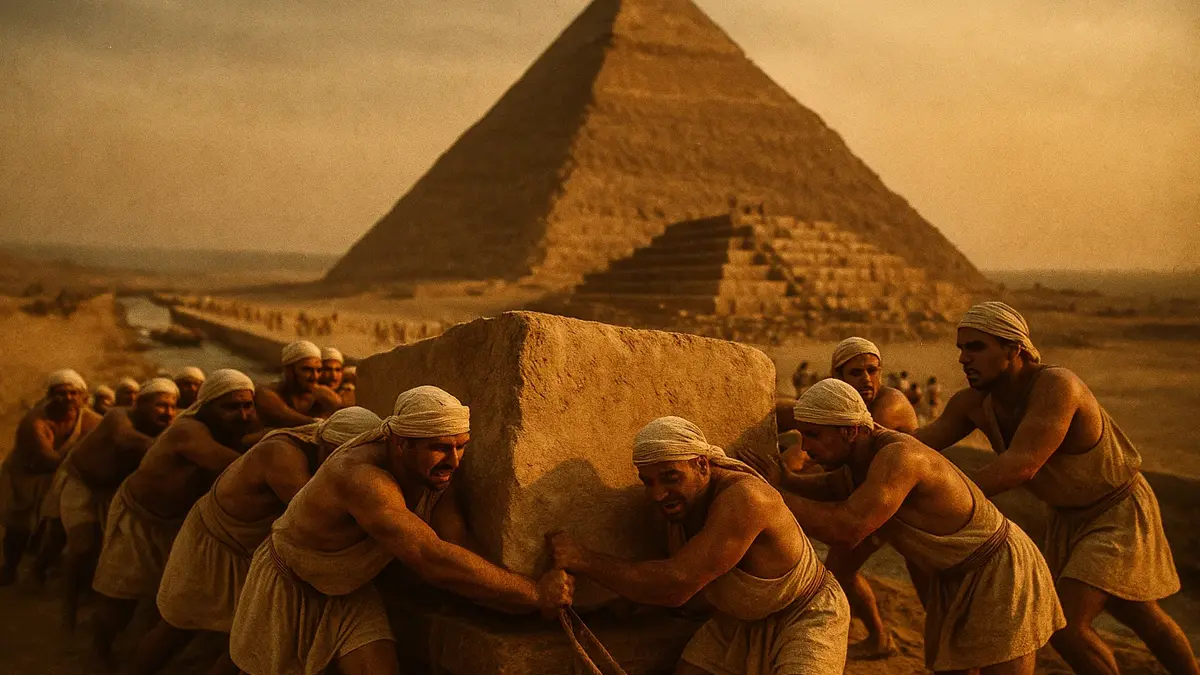 Ricostruzione del cantiere piramidi di Giza con operai egizi
