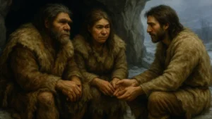 Ricostruzione scientifica di Neanderthal e Homo sapiens insieme