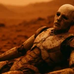 Robot umanoide su sfondo rosso e polveroso di Marte