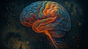 Schema astratto di un cervello umano con circuiti luminosi e ingranaggi