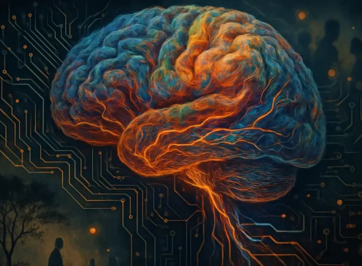 Schema astratto di un cervello umano con circuiti luminosi e ingranaggi