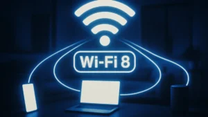Schema concettuale che illustra evoluzione della connettività da Wi-Fi 7 a Wi-Fi 8