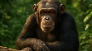 Scimpanzé che esamina attentamente una scatola con le mani