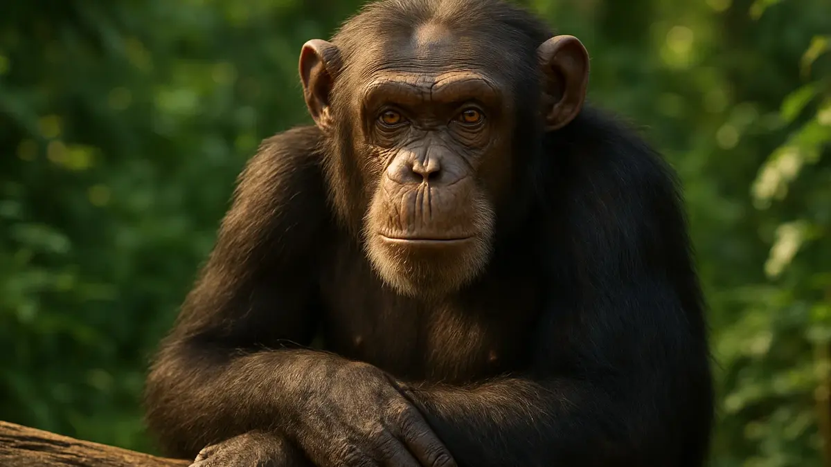 Scimpanzé che esamina attentamente una scatola con le mani