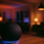 Smart speaker in primo piano su un tavolo in un ambiente domestico moderno