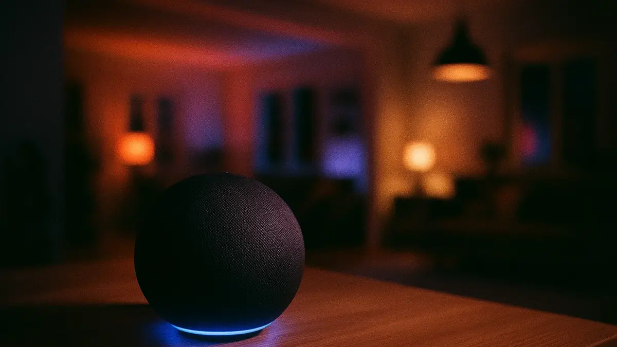 Smart speaker in primo piano su un tavolo in un ambiente domestico moderno
