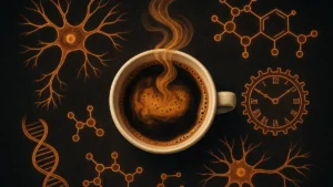 Tazzina di caffè fumante vista da alto su sfondo scuro