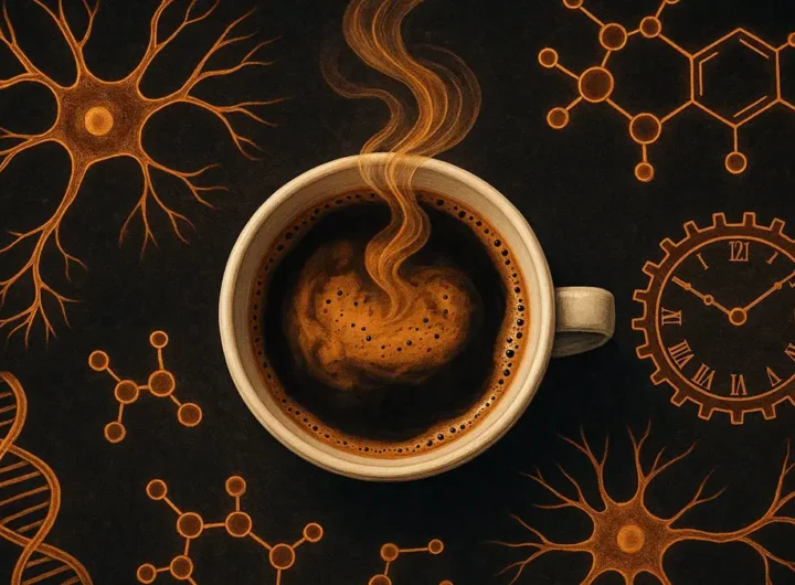 Tazzina di caffè fumante vista da alto su sfondo scuro