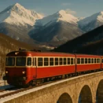 Treno storico rosso sul viadotto in Abruzzo