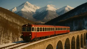 Treno storico rosso sul viadotto in Abruzzo