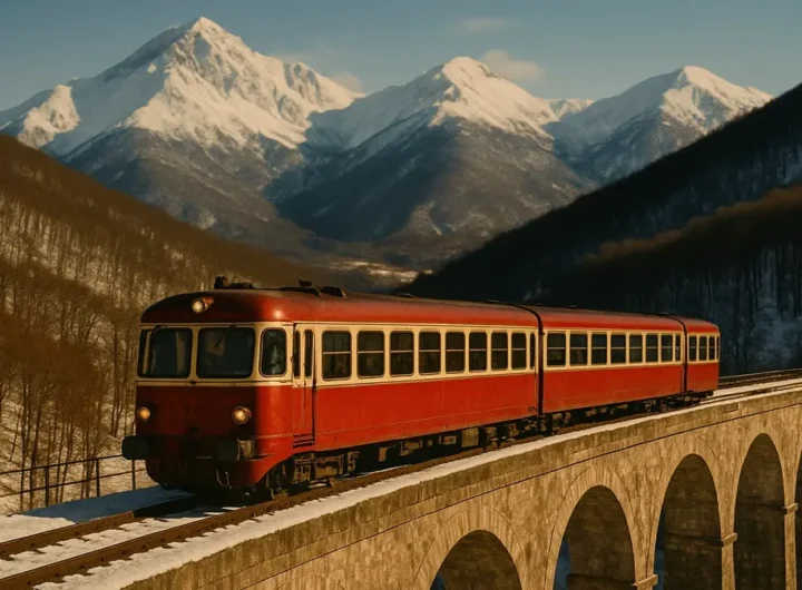 Treno storico rosso sul viadotto in Abruzzo