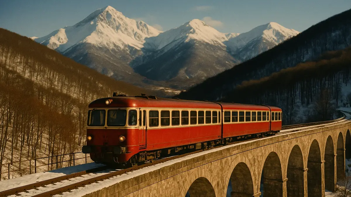 Treno storico rosso sul viadotto in Abruzzo