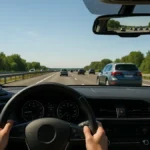 Un conducente concentrato che guarda lontano sulla strada