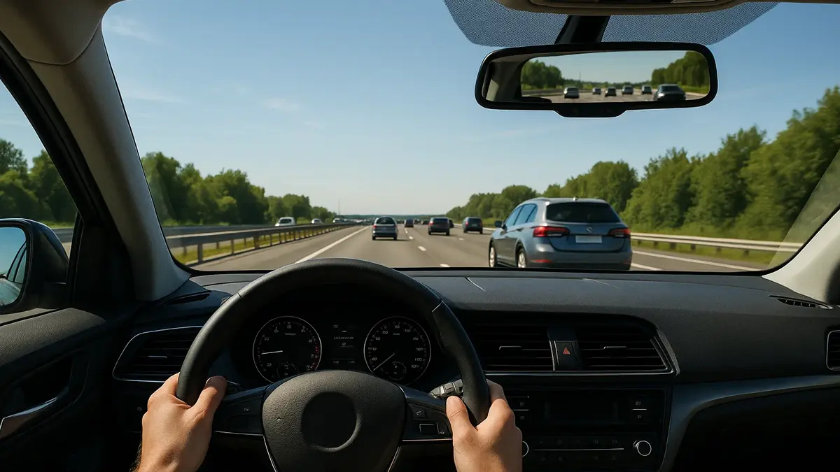 Un conducente concentrato che guarda lontano sulla strada