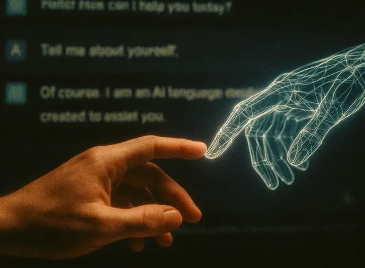 Una mano umana che tocca leggermente una mano robotica fatta di linee luminose e astratte