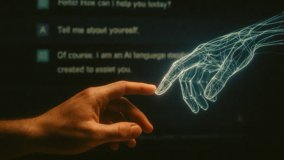 Una mano umana che tocca leggermente una mano robotica fatta di linee luminose e astratte