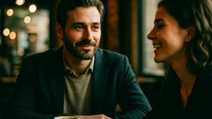 Uomo sorridente che ascolta attentamente una donna in un caffè