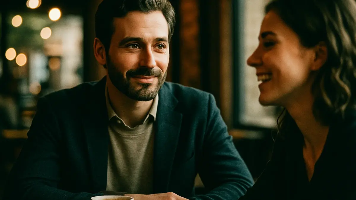 Uomo sorridente che ascolta attentamente una donna in un caffè