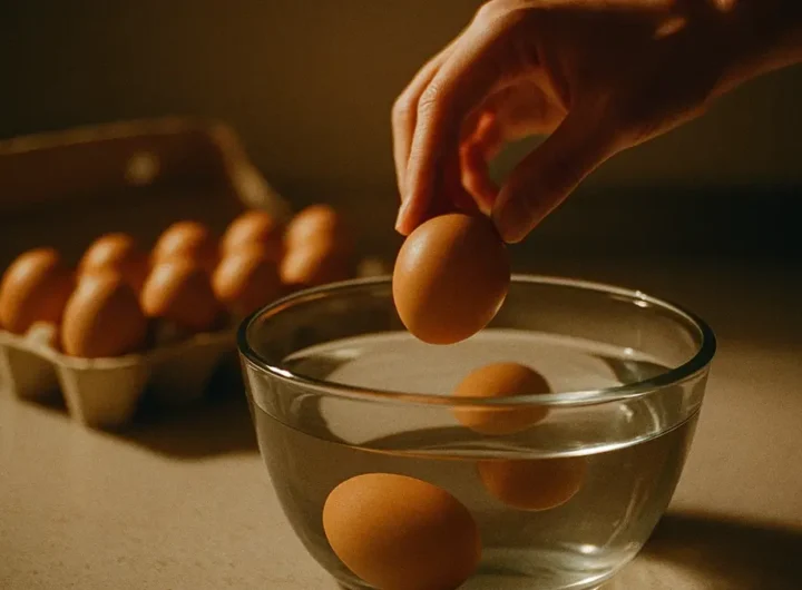 Uovo fresco sdraiato sul fondo di una ciotola di acqua accanto a un uovo che galleggia in verticale