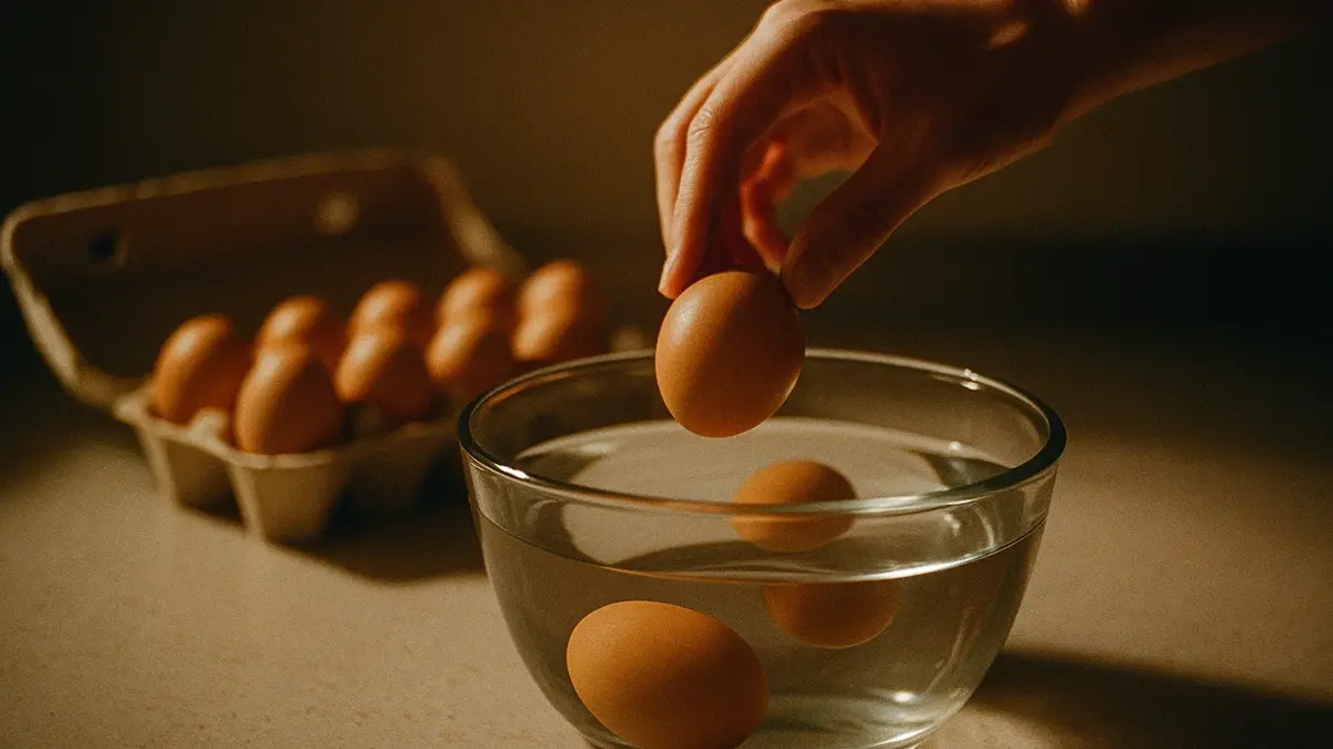 Uovo fresco sdraiato sul fondo di una ciotola di acqua accanto a un uovo che galleggia in verticale