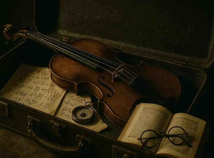 Valigia epoca aperta con manoscritti