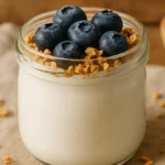 Vasetto di yogurt fatto in casa cremoso con frutta fresca e cucchiaio