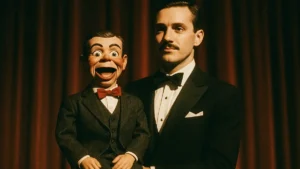 Ventriloquo di spalle che tiene in mano un pupazzo parlante in legno