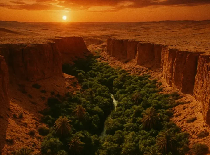 Vista aerea di un canyon verde nel deserto del Sahara
