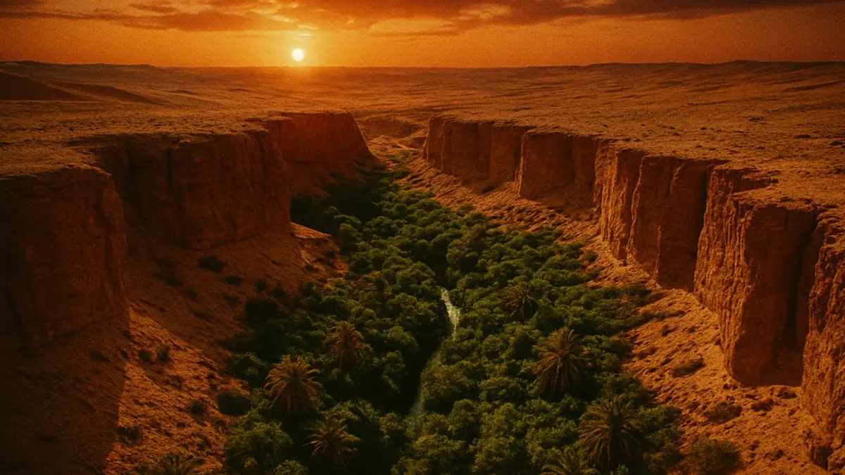 Vista aerea di un canyon verde nel deserto del Sahara