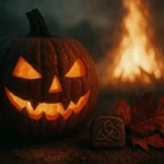 Zucca intagliata con candela accesa