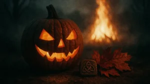 Zucca intagliata con candela accesa