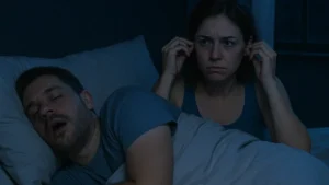 coppia-a-letto-con-uomo-che-russa-e-donna-che-usa-tappi
