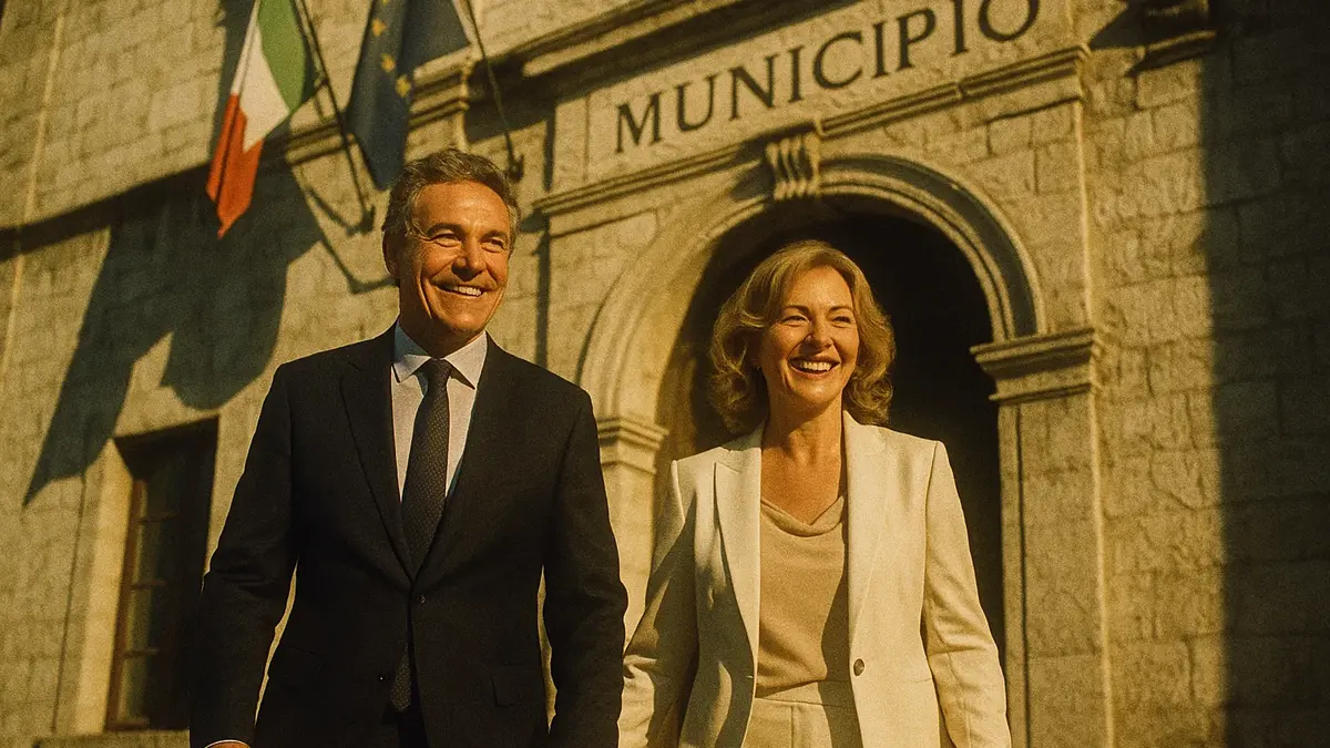 coppia felice si tiene per mano di fronte al palazzo di un comune italiano