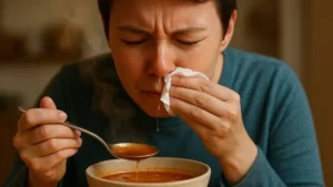 donna-che-si-soffia-il-naso-con-un-fazzoletto-mentre-mangia