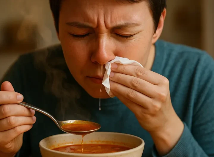 donna-che-si-soffia-il-naso-con-un-fazzoletto-mentre-mangia