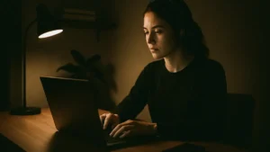 donna seduta alla scrivania con cuffie anti-rumore