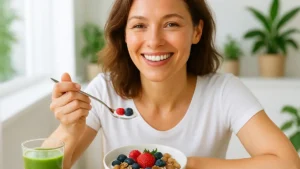 donna-sorridente-energica-mangia-frutta-fresca-senza-zucchero