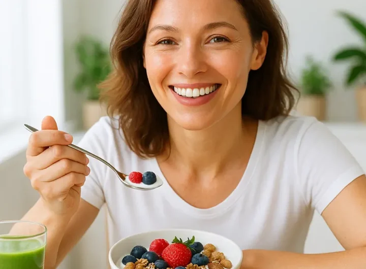 donna-sorridente-energica-mangia-frutta-fresca-senza-zucchero