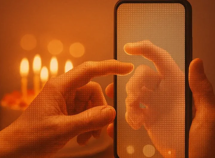 due mani che si toccano virtualmente su uno schermo di smartphone