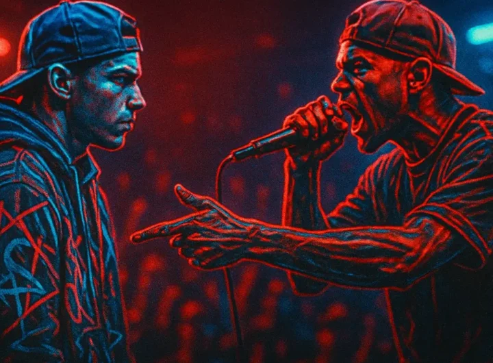 due rapper in una battle di freestyle con pubblico sullo sfondo