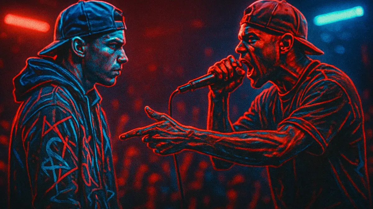 due rapper in una battle di freestyle con pubblico sullo sfondo