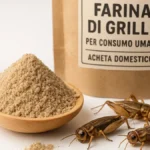 farina di grillo in polvere su cucchiaio di legno