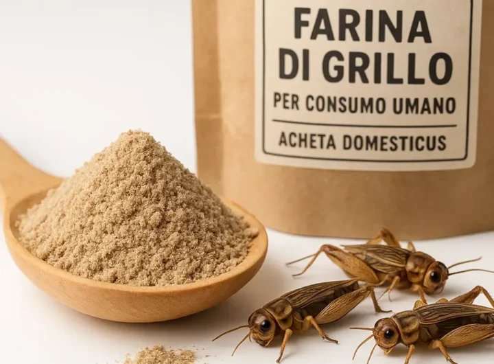 farina di grillo in polvere su cucchiaio di legno
