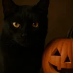 gatto nero seduto su una zucca intagliata di Halloween con sfondo sfocato