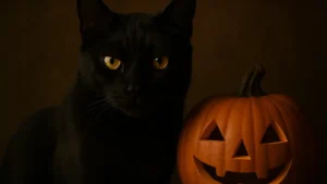 gatto nero seduto su una zucca intagliata di Halloween con sfondo sfocato